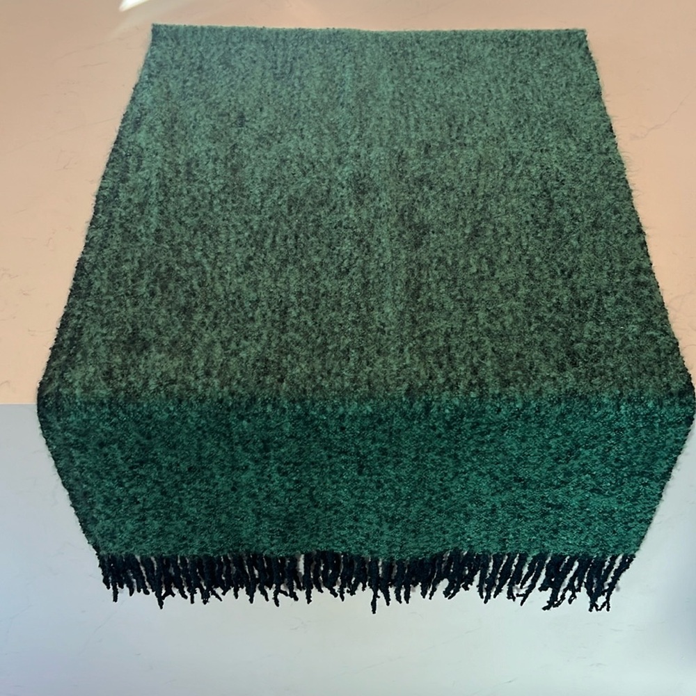 EUC,  green and navy acrylic blend scarf, 65“ x 21 1/2”